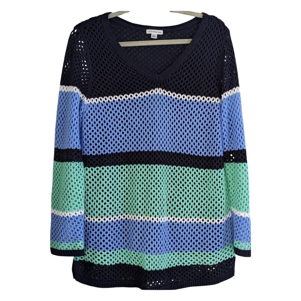 Croft & Barrow Crochet Sweater XL Blue Teal Navy Striped Lined Top